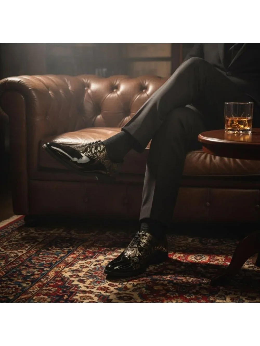 Men's Black Gold Elegant Rubber Sole Lace Up Patent Velvet Tuxedo Oxford Shoes